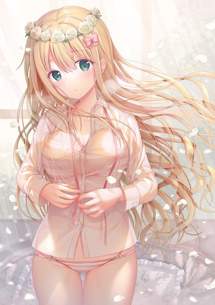 Anime picture 1000x1417 with original inagaki minami sousouman single long hair tall image looking at viewer fringe breasts light erotic blonde hair hair between eyes large breasts standing green eyes payot cleavage indoors blunt bangs long sleeves