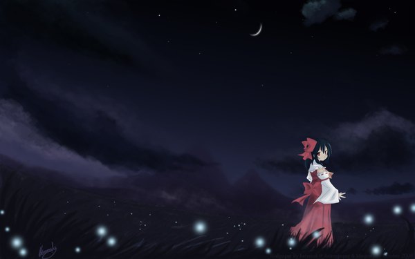 Anime picture 1680x1050 with touhou hakurei reimu wide image night girl moon