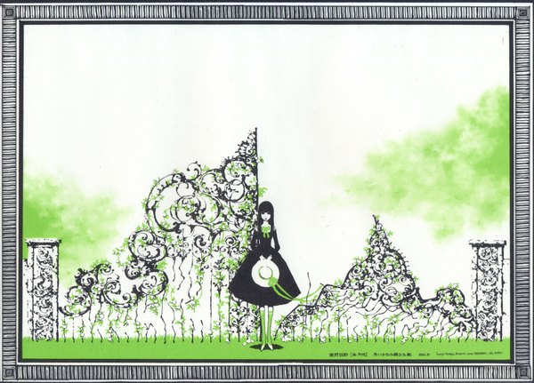 Anime picture 2357x1696 with tukiji nao (green glass) single long hair highres black hair simple background white background holding black eyes framed green background girl dress ribbon (ribbons) plant (plants) hat black dress grass straw hat fence