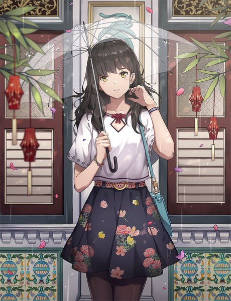 Anime picture 1000x1302 with original kiyo (chaoschyan) single long hair tall image looking at viewer fringe black hair standing yellow eyes head tilt sparkle floral print adjusting hair transparent umbrella girl skirt petals pantyhose bracelet