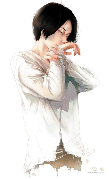 Anime picture 794x1301 with original re (artist) single tall image short hair black hair simple background white background eyes closed inscription torn clothes boy petals thread