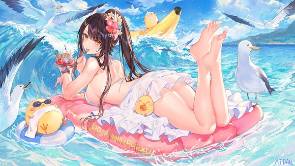 Anime picture 1500x844 with azur lane manjuu (azur lane) hiei (azur lane) hiei (beauty of the white sands) (azur lane) atdan single long hair looking at viewer blush fringe breasts light erotic black hair hair between eyes wide image large breasts bare shoulders holding signed yellow eyes