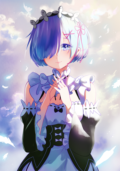 Anime picture 707x1000 with re:zero kara hajimeru isekai seikatsu white fox rem (re:zero) konoumin single tall image looking at viewer blush fringe short hair breasts blue eyes standing blue hair sky cleavage cloud (clouds) hair flower light smile hair over one eye