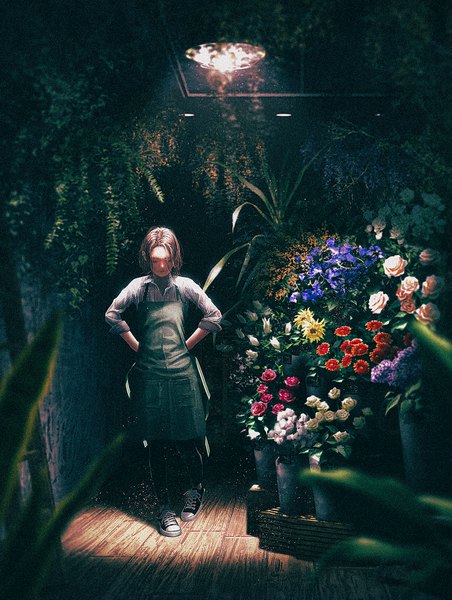 Anime picture 1131x1500 with original tamaki (tamaki illust) single tall image short hair brown hair standing full body indoors eyes closed light hands behind back twisty sleeves girl flower (flowers) plant (plants) pantyhose shoes black pantyhose rose (roses)
