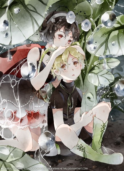 Anime picture 900x1237 with original hetiru tall image blush fringe black hair blonde hair red eyes sitting looking away head tilt sleeveless kneeling girl dress boy hair ornament plant (plants) shorts boots