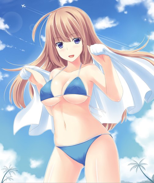 Anime picture 1100x1307 with original mizunashi kenichi single long hair tall image blue eyes light erotic blonde hair cloud (clouds) girl navel swimsuit bikini