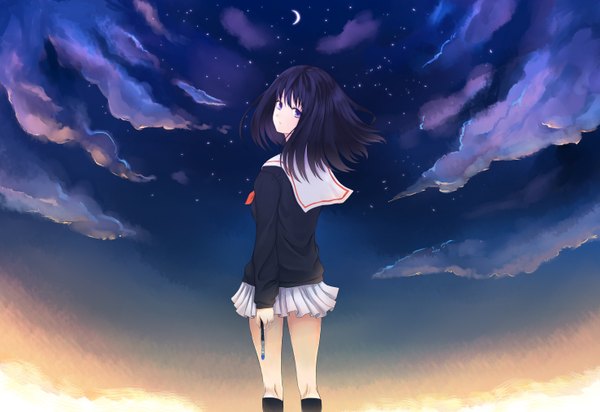 Anime picture 2953x2031 with original nr noir single long hair highres blue eyes black hair cloud (clouds) looking back night sky crescent girl skirt uniform school uniform miniskirt star (stars)