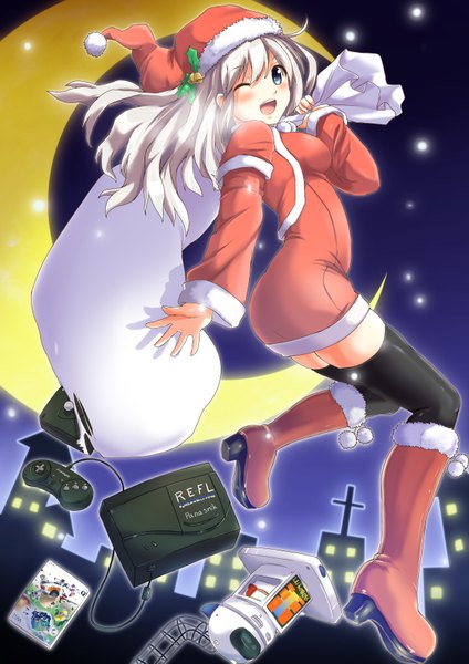Anime picture 2480x3507 with anonimasu long hair tall image blush highres open mouth blue eyes white hair one eye closed wink christmas crescent girl thighhighs black thighhighs santa claus hat santa claus costume playstation