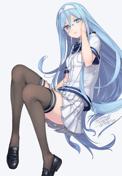 Anime picture 696x1000 with aoki hagane no arpeggio takao (aoki hagane no arpeggio) rokuwata tomoe single long hair tall image looking at viewer blue eyes simple background hair between eyes white background blue hair girl thighhighs skirt uniform black thighhighs miniskirt glasses hairband