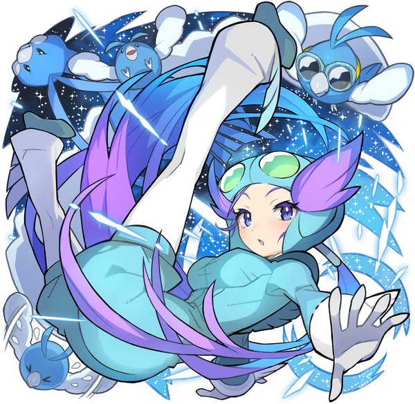 Anime picture 1025x1000 with pokemon pokemon (game) pokemon oras nintendo altaria swablu nagi (pokemon) saitou naoki single looking at viewer blush open mouth purple eyes purple hair ponytail very long hair outstretched arm falling gen 3 pokemon girl