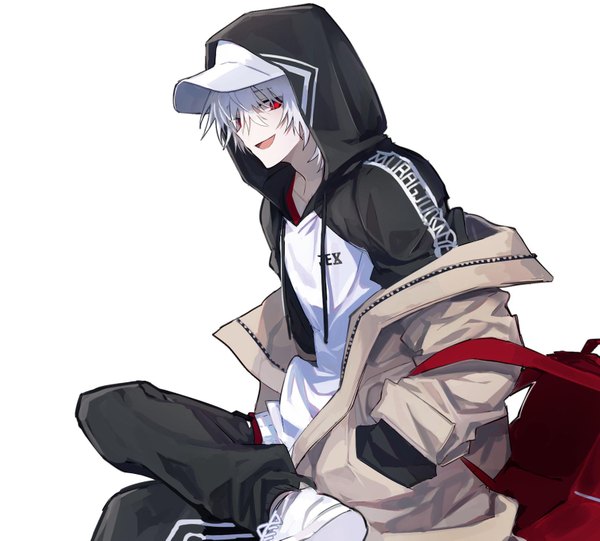 Anime picture 1609x1451 with original jexxxx10 single looking at viewer fringe short hair open mouth smile hair between eyes red eyes sitting white hair off shoulder open jacket clothes writing hands in pockets smirk boy shoes jacket
