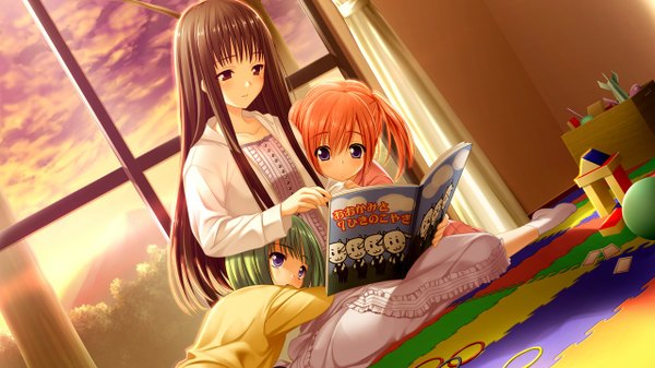 Anime picture 1280x720 with morobito kozorite (game) long hair short hair blue eyes black hair red eyes wide image game cg red hair green hair girl child (children)