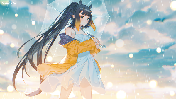 Anime picture 1920x1080 with virtual youtuber hololive hololive english ninomae ina'nis 2nii single fringe highres black hair wide image signed animal ears looking away sky cloud (clouds) outdoors ponytail blunt bangs very long hair pointy ears