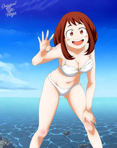 Anime picture 2360x3000 with boku no hero academia studio bones uraraka ochako shugo19 single long hair tall image looking at viewer highres breasts open mouth light erotic brown hair large breasts brown eyes signed sky leaning leaning forward beach
