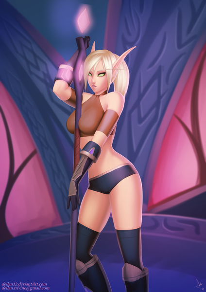 Anime picture 877x1240 with world of warcraft blizzard entertainment blood elf deilan12 (artist) single long hair tall image looking at viewer breasts light erotic blonde hair green eyes ponytail pointy ears elf girl thighhighs black thighhighs staff