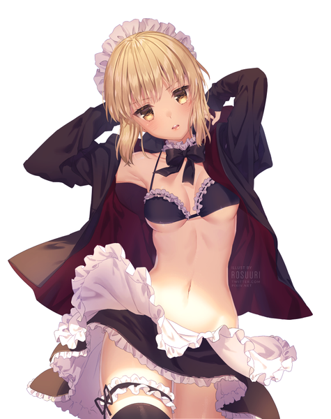 Anime picture 800x1010 with fate (series) fate/grand order artoria pendragon (all) artoria pendragon (alter swimsuit rider) (fate) rosuuri single tall image blush fringe short hair breasts open mouth light erotic blonde hair simple background hair between eyes white background signed yellow eyes payot