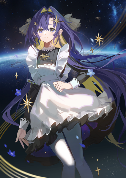 Anime picture 1240x1754 with reverse:1999 voyager (reverse:1999) haitu single tall image looking at viewer fringe smile hair between eyes purple eyes purple hair very long hair multicolored hair colored inner hair space girl flower (flowers) pantyhose apron white pantyhose
