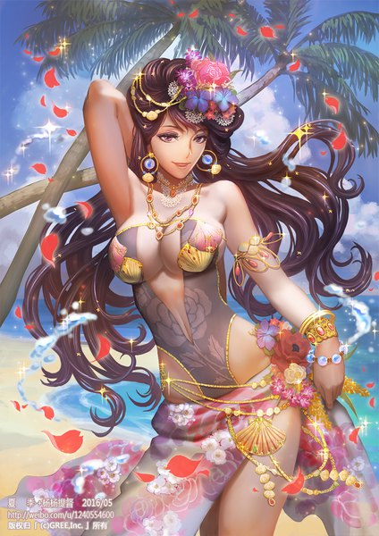 Anime picture 800x1132 with xiaji single long hair tall image looking at viewer breasts light erotic brown hair large breasts standing purple eyes sky cloud (clouds) outdoors light smile sparkle beach floral print girl plant (plants)