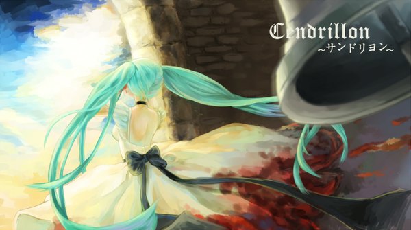 Anime picture 2682x1500 with vocaloid cendrillon (vocaloid) hatsune miku yu (dryads) single highres wide image twintails very long hair aqua hair girl dress bow blood bell