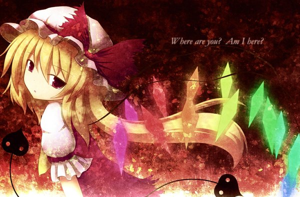 Anime picture 1064x700 with touhou flandre scarlet crimson shake (artist) single long hair blonde hair red eyes girl dress bow weapon wings bonnet laevatein (touhou)
