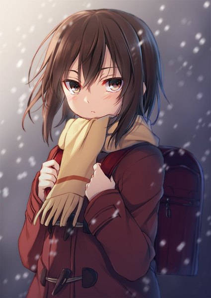 Anime picture 752x1062 with boku dake ga inai machi a-1 pictures hinazuki kayo toosaka asagi single tall image looking at viewer blush short hair hair between eyes brown hair brown eyes grey background snowing girl scarf coat backpack randoseru