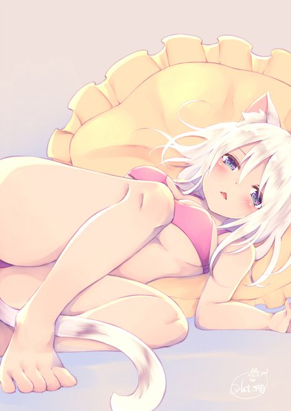 Anime picture 1413x2000 with original chita (ketchup) single tall image looking at viewer blush fringe short hair breasts open mouth blue eyes light erotic simple background hair between eyes large breasts bare shoulders signed animal ears bent knee (knees) white hair