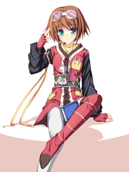Anime picture 750x1000 with tales of (series) tales of vesperia rita mordio tenmaso single tall image looking at viewer short hair brown hair sitting green eyes girl fingerless gloves thigh boots goggles