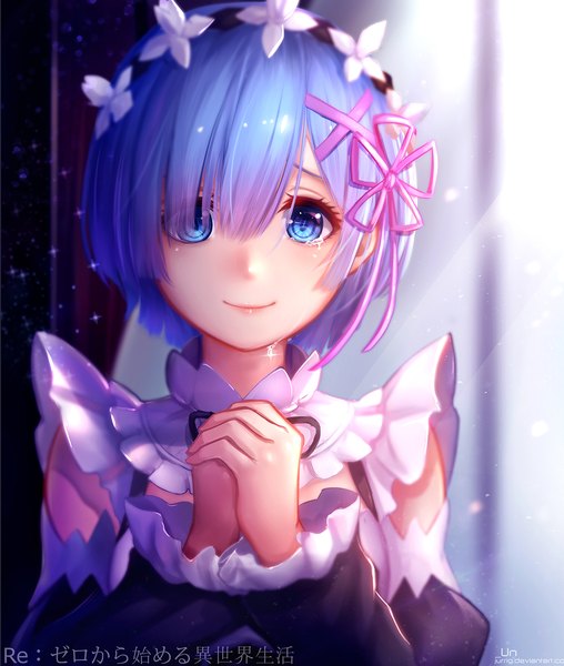 Anime picture 1000x1180 with re:zero kara hajimeru isekai seikatsu white fox rem (re:zero) jurrig single tall image looking at viewer fringe short hair blue eyes blue hair light smile maid tears girl dress uniform detached sleeves frills headdress