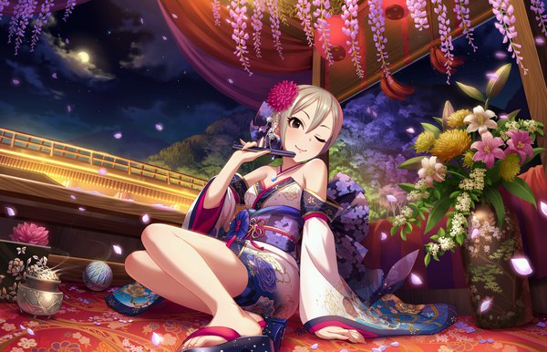 Anime picture 1280x824 with idolmaster idolmaster cinderella girls shiomi shuuko single looking at viewer sitting bare shoulders holding sky cloud (clouds) full body outdoors long sleeves head tilt one eye closed hair flower wink black eyes night wide sleeves