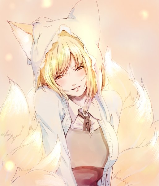 Anime picture 1200x1400 with touhou yakumo ran dearmybrothers single tall image looking at viewer blush fringe short hair breasts blonde hair smile animal ears tail animal tail orange eyes fox ears fox tail multiple tails glow