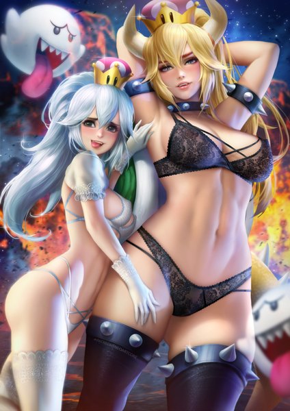 Anime picture 2480x3508 with super mario bros. new super mario bros. u deluxe bowsette princess king boo boo (mario) nudtawut thongmai long hair tall image looking at viewer blush fringe highres breasts open mouth blue eyes light erotic blonde hair smile hair between eyes large breasts