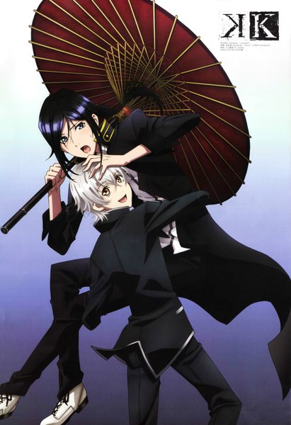 Anime picture 3000x4377 with k-project gohands (studio) yashiro isana yatogami kuroh long hair tall image looking at viewer highres short hair open mouth black hair white hair black eyes official art orange eyes couple boy umbrella