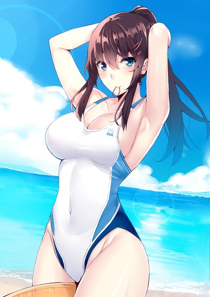Anime picture 4300x6070 with original kaerunoashi single long hair tall image looking at viewer blush fringe highres breasts blue eyes light erotic smile hair between eyes brown hair large breasts standing holding payot absurdres