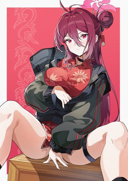 Anime picture 1075x1518 with blue archive reijo (blue archive) hoshiko (419401x) single long hair tall image fringe light erotic hair between eyes red eyes sitting ahoge red hair traditional clothes mole bare legs hair bun (hair buns) spread legs mole under eye border