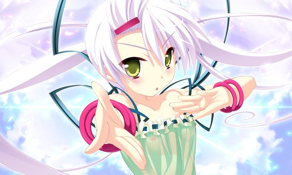 Anime picture 1024x614 with twinkle crusaders twinkle crusaders -passion star stream- illear long hair blush wide image twintails green eyes game cg cleavage white hair girl hair ornament ribbon (ribbons) bracelet hairclip
