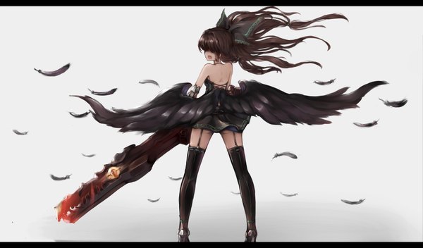 Anime picture 3400x2000 with touhou reiuji utsuho labombardier! single long hair fringe highres open mouth light erotic simple background brown hair wide image standing white background bare shoulders looking away from behind grey background high heels back
