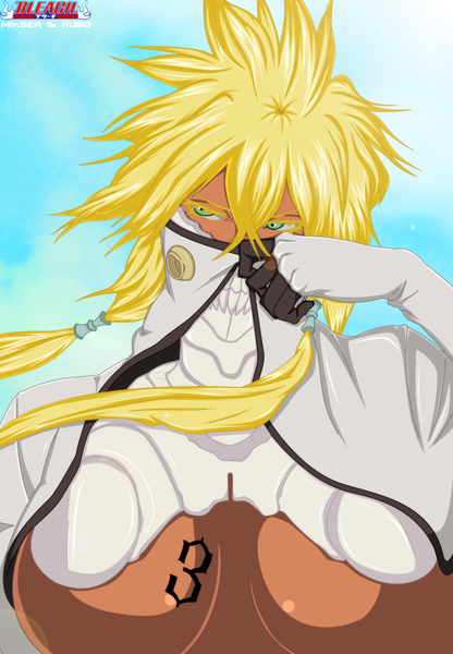 Anime picture 1392x2006 with bleach studio pierrot tia harribel gold-mk single long hair tall image breasts light erotic blonde hair large breasts twintails green eyes sky cloud (clouds) inscription tattoo coloring espada girl