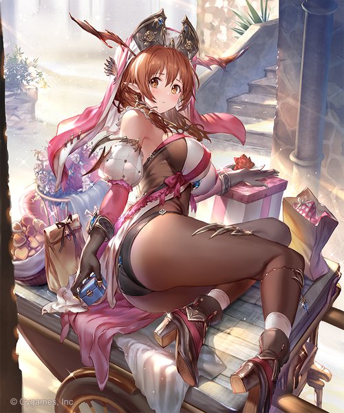 Anime picture 750x900 with shingeki no bahamut 77gl single long hair tall image looking at viewer blush fringe breasts light erotic hair between eyes brown hair large breasts holding brown eyes full body bent knee (knees) ass pointy ears official art