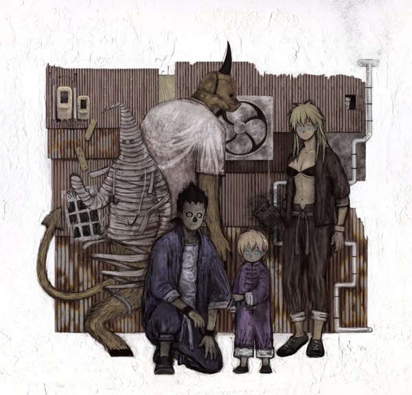 Anime picture 2600x2500 with dorohedoro mappa tagme (character) nikaidou (dorohedoro) 8 (pixiv) highres blue eyes black hair blonde hair tail horn (horns) open clothes open shirt group alternate age younger navel bandage (bandages) t-shirt bikini top