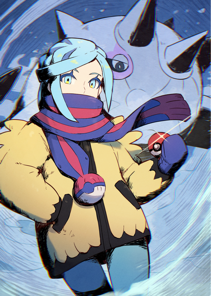 Anime picture 1191x1670 with pokemon pokemon (game) pokemon sv nintendo grusha (pokemon) cetitan kuroi susumu single long hair tall image looking at viewer fringe blue eyes standing holding blue hair outdoors snow covered mouth hand in pocket