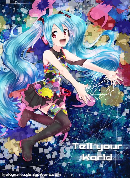 Anime picture 1024x1399 with vocaloid hatsune miku isaky (isakysaku) single tall image open mouth smile red eyes twintails blue hair very long hair pleated skirt inscription girl thighhighs skirt black thighhighs necktie
