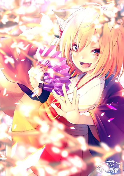 Anime picture 1417x2000 with original chita (ketchup) single tall image looking at viewer short hair open mouth blonde hair red eyes holding signed animal ears tail nail polish traditional clothes japanese clothes animal tail fingernails from above blurry