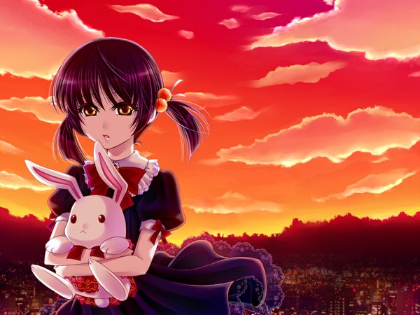 Anime picture 1000x750 with vocaloid forgotten girl (vocaloid) kaai yuki totono short hair twintails yellow eyes sky purple hair cloud (clouds) evening short twintails sunset girl dress toy stuffed animal