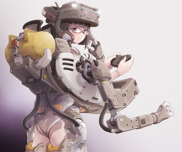 Anime picture 1600x1336 with original sukabu single black hair standing ass looking back mecha musume mechanical arms girl glasses helmet controller gamepad exoskeleton