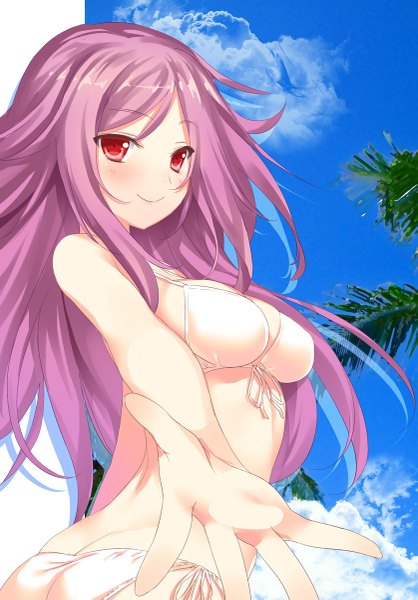 Anime picture 837x1200 with kantai collection junyou light aircraft carrier 47agdragon single long hair tall image looking at viewer blush breasts light erotic smile red eyes purple hair girl swimsuit bikini