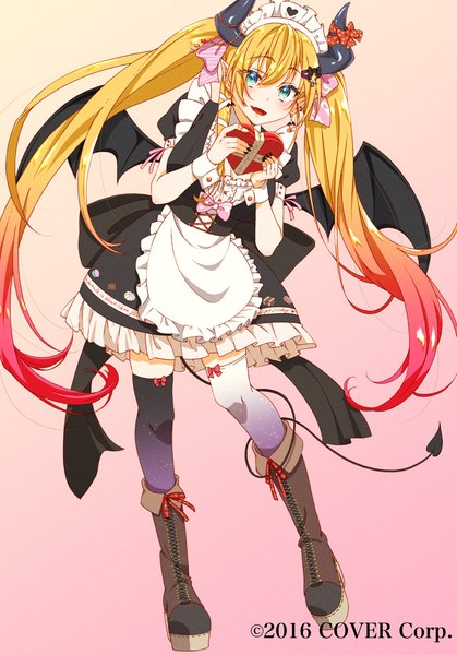Anime picture 1430x2048 with virtual youtuber hololive yuzuki choco homura minori single tall image fringe open mouth blue eyes blonde hair smile hair between eyes standing twintails red hair tail very long hair nail polish horn (horns) maid