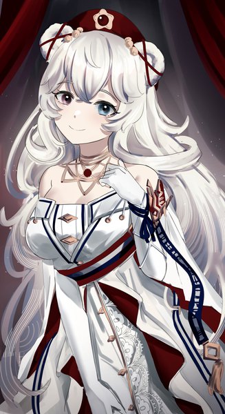 Anime picture 1325x2428 with arknights rosa (arknights) rosa (masterpiece) (arknights) wakamepiza single long hair tall image fringe breasts blue eyes smile hair between eyes standing bare shoulders animal ears payot white hair head tilt pink eyes off shoulder