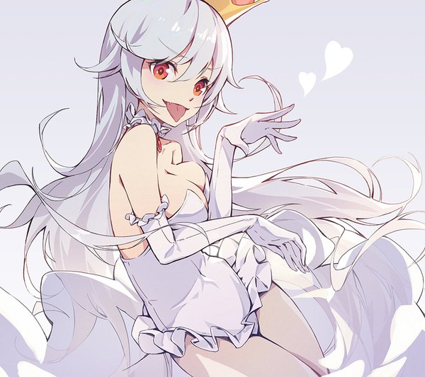 Anime picture 900x800 with super mario bros. new super mario bros. u deluxe princess king boo nian (zhanian) single looking at viewer blush fringe breasts light erotic simple background hair between eyes red eyes bare shoulders white hair very long hair grey background fang (fangs) alternate costume :p