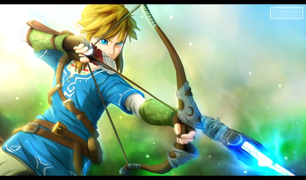 Anime picture 2134x1260 with the legend of zelda the legend of zelda: breath of the wild nintendo link kortrex single highres short hair blue eyes blonde hair wide image pointy ears sunlight coloring magic letterboxed boy gloves weapon black gloves
