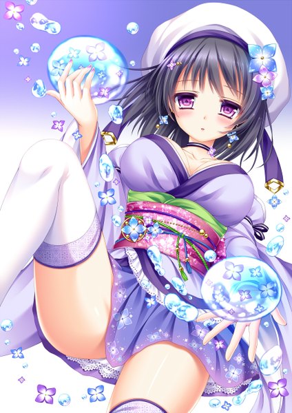 Anime picture 900x1273 with original shitou single tall image looking at viewer blush short hair black hair purple eyes traditional clothes japanese clothes girl thighhighs flower (flowers) earrings white thighhighs kimono obi beret kimono skirt